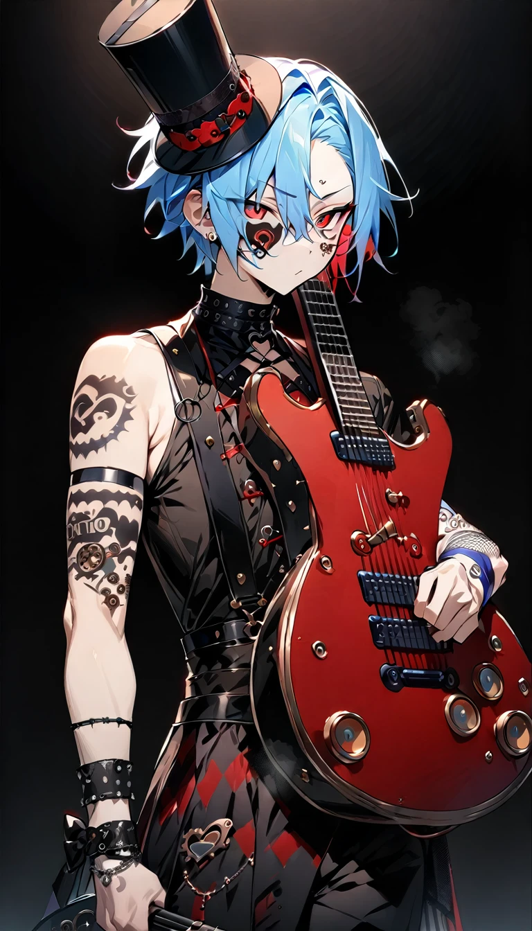 (((masterpiece,Highest quality))),((A male anime character with short blue hair, red eyes, and a tattooed upper arm wearing a visual kei outfit, holding a guitar)),((Steampunk-style electric guitar)),((Steampunk-style electric guitarを持って立っている)),(((Small steampunk top hat,Tattoos on the right side of the face and on the arm))),(((Black Background))),Focus on the whole body,(high quality),アニメ