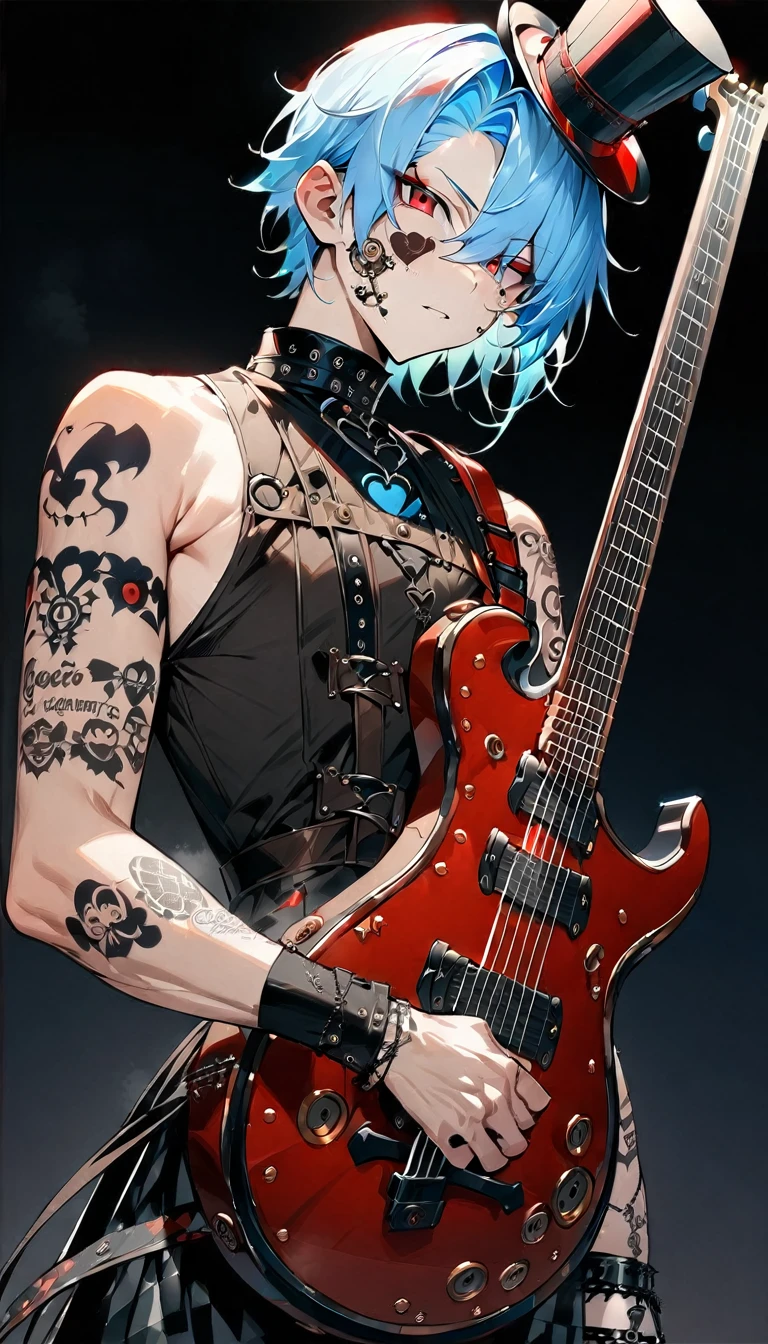 (((masterpiece,Highest quality))),((A male anime character with short blue hair, red eyes, and a tattooed upper arm wearing a visual kei outfit, holding a guitar)),((Steampunk-style electric guitar)),((Steampunk-style electric guitarを持って立っている)),(((Small steampunk top hat,Tattoos on the right side of the face and on the arm))),(((Black Background))),Focus on the whole body,(high quality),アニメ