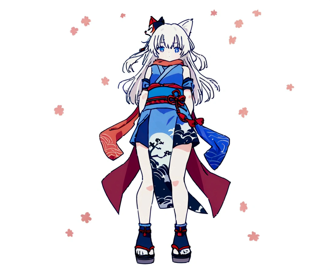 A magnificent view of the city from the treetopasterpiece, best quality:1.2), 1girl, 独奏,Wolf girl, fox mask, ninja, girl, long white hair, odd eyes, blue kimono, ninja girl, red and blue scarf,Dancing Cherry Blossoms,Full moon backlighting, light coming in, fantastic atmosphere.night、Shadows of light and darkness、Eyes glowing in the dark、Black fox mask、Fisheye Lens、Expansive starry sky、long hair that spreads、Overlooking the city from atop a large cherry tree、Aside exposure