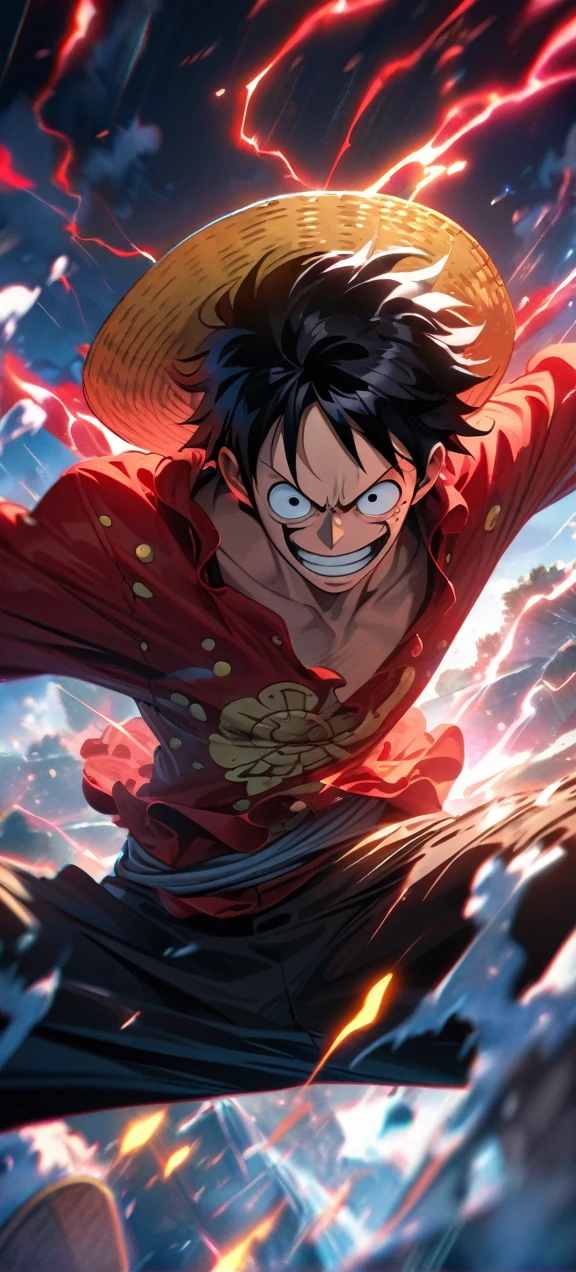 High quality, ,absurdres, highres, ultra detailed, HDR, masterpiece, extremely detailed face and eyes, Luffy , One Piece,, Black hair ,red shirt, solo, ,man, handsome, ,, Epic fight scene, red splashing effect,red lightning effect,glowing glitters , full effect,