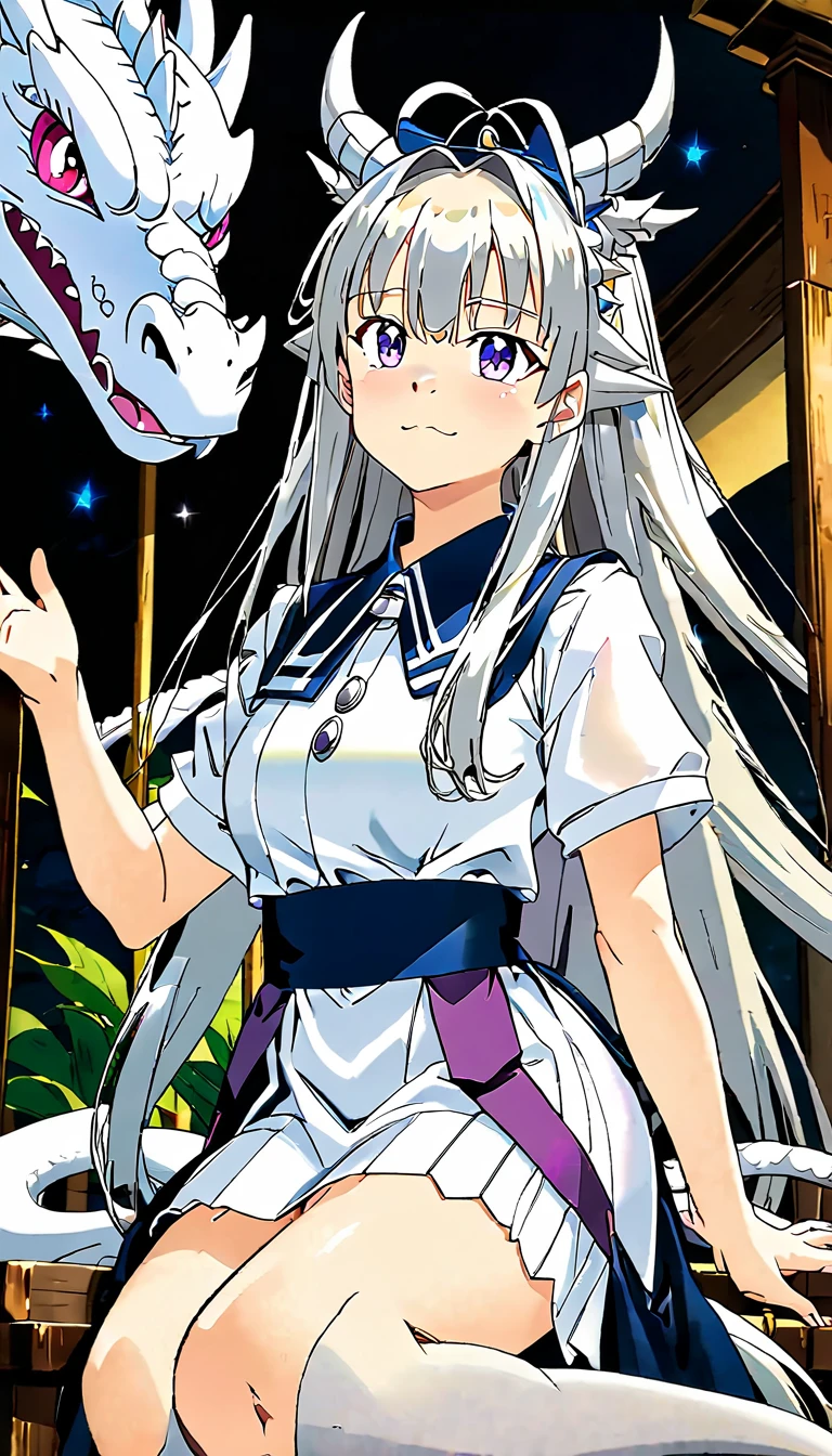 ((Dragon))、Dragon Maid、Big Breasts、Silver long hair、I'm serving you、Armpit Breasts、Background mansion