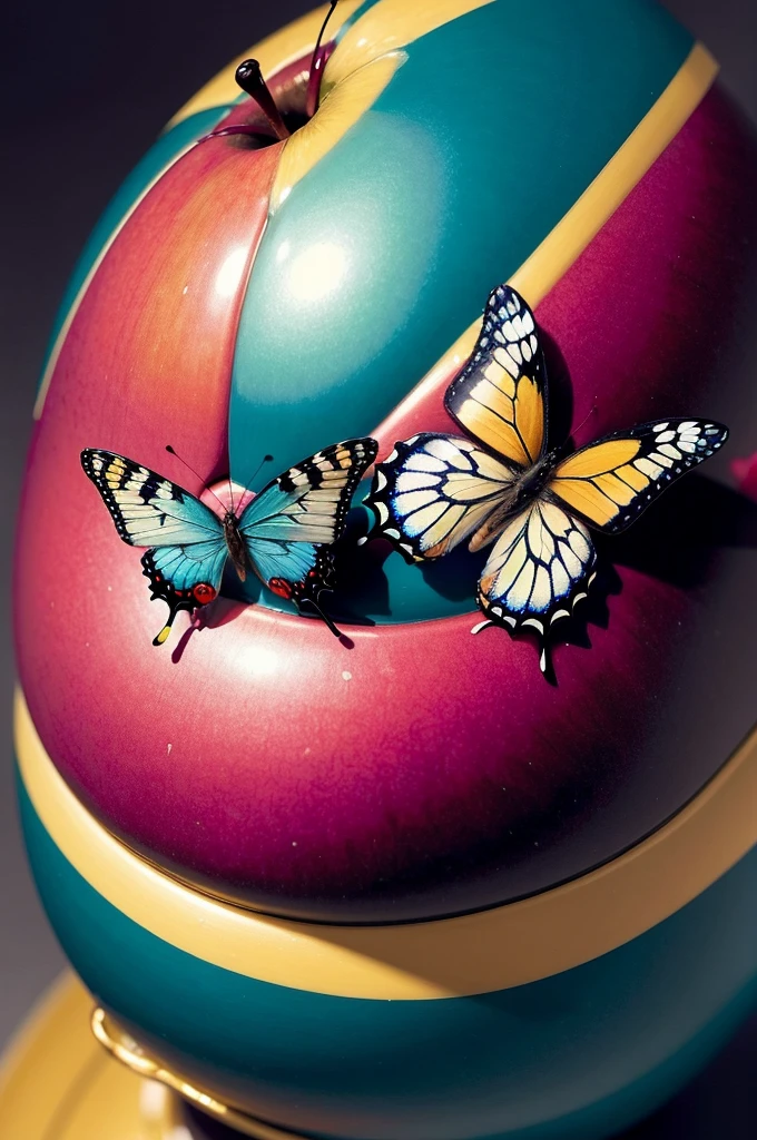 ((best qualityer)), ((work of art)), (detailded), two butterflies, one blue and one yellow perched on a red apple