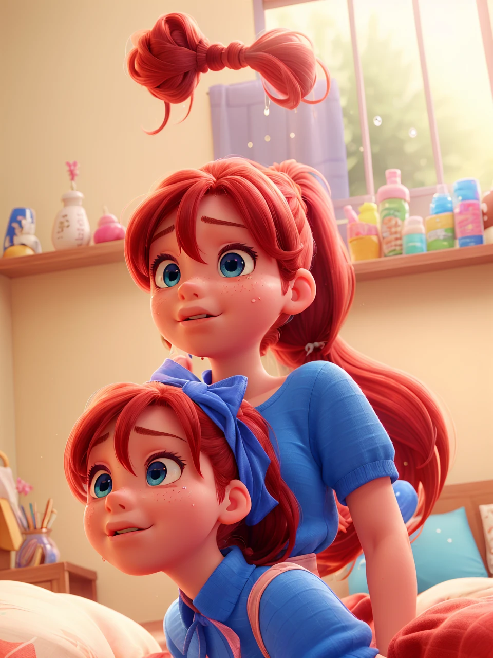 Highest quality,High resolution,１People Girl,whole body,look up,looking at the camera,ponytail,Crimson hair,Blue eyes,indoor,Bedroom,Bunny girl,Fishnet tights,Dim lighting,Dripping a lot of saliva,Drooling,Stringy saliva,Open your mouth,Sticking out tongue,Saliva,Tears,cry,