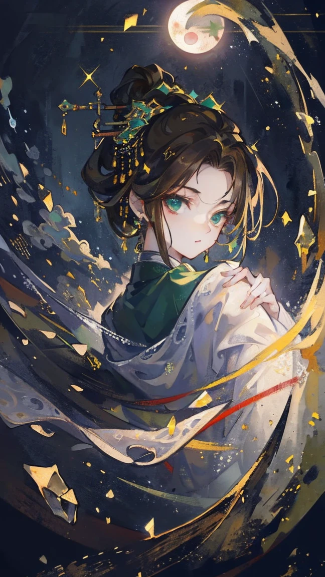 (extremely detailed 8K wallpaper),(ultra detailed),(best quality),(masterpiece),(highly detailed),(cinematic lighting),(original), cold light, mood,((headshot))),(Chinese artful style painting)), 1 girl, solo, brown hair, green eyes, simple clothes and jewelry,(((eyes sparkle in the moonlight))))))