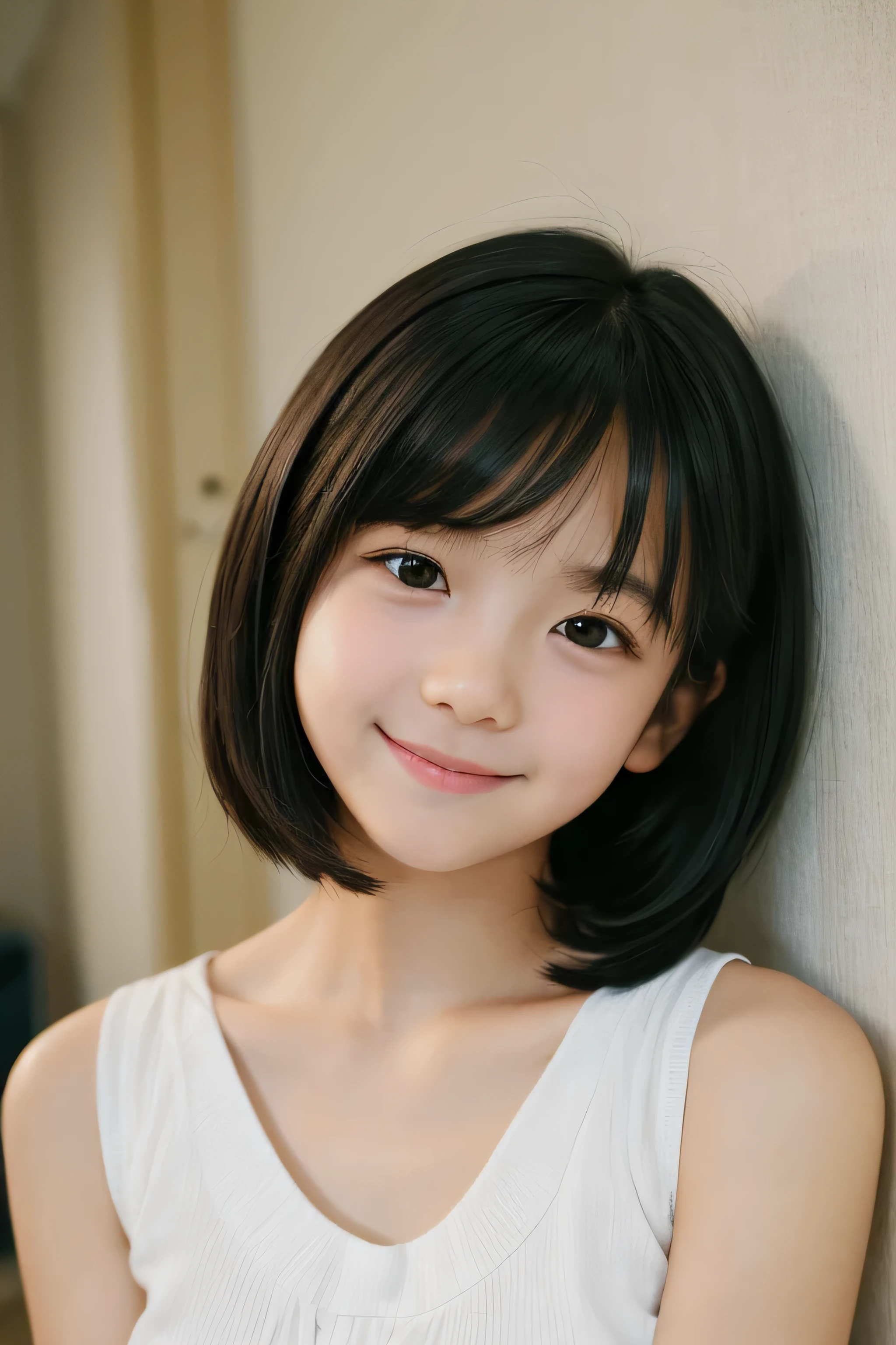 One girl, short,Bob,Black Hair,smile,Inside the room, summer,border,cotton,Sleeveless,Open collar,Bed,sleep,Innocence,cute,Baby Face,Junior high school freshman,A small cleavage on the chest,Look here,transparent, (masterpiece, Highest quality), Soft Light, Structure of the film, Like a movie