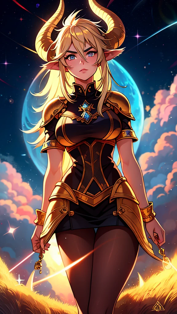 1girl,20 years old,solo,long hair,light blond hair,horns,gold knight armor,cow ears,(black pantyhose),HDR, Masterpiece, (RAW photo, best quality), light shining through prism, ethereal, Volumetric lighting, Cycles rendering, Unreal Engine 5, eye_shadow, shining_pupil, steaming body, Particle effect, (dust, gust of wind:1.07), complex, ultra detailed, photorealistic, 8k, anatomically accurate, High Resolution, Retina, Professional photograph, Orange Sunshine, gold filigree , natural, cinematic, post_combat, high contrast, HDR, RAW image, High Quality, Masterpiece, Beautiful Woman, (Standing Over viewer), intimidating, seductive, dominant, diamond rain, twinkle in her eyes, chandelier outfit, Outdoors, Rainbow sunshine, Glory\(Optical Phenomenon\), bliss, phenomenal lighting, offerings, sacred, truth, skintight dress, robes, goddess, gold nano particles, angelic, strong, desire, juicy thighs, complexion, ((LSD)), will o wisp, high contrast, from above, ((best quality)), ((masterpiece)), (detailed), (fantasy illustration:1.3), (high-resolution:1.2), volumetric lighting BREAK alluring woman, ethereal beauty, (perched on a cloud), otherworldly charm, enchanting gaze, captivating pose, moonlit night, soft colors, (detailed cloudscape:1.3), ocean, city, eagle