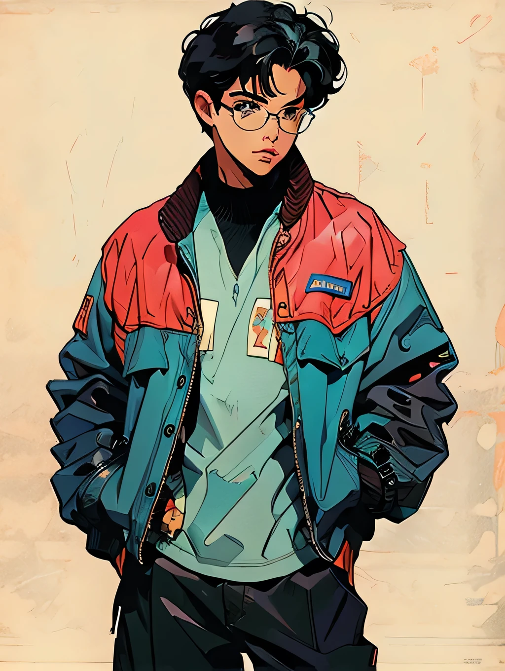Full body, man, standing, glasses, black hair, blue leather jacket, hand in pocket, astrea.