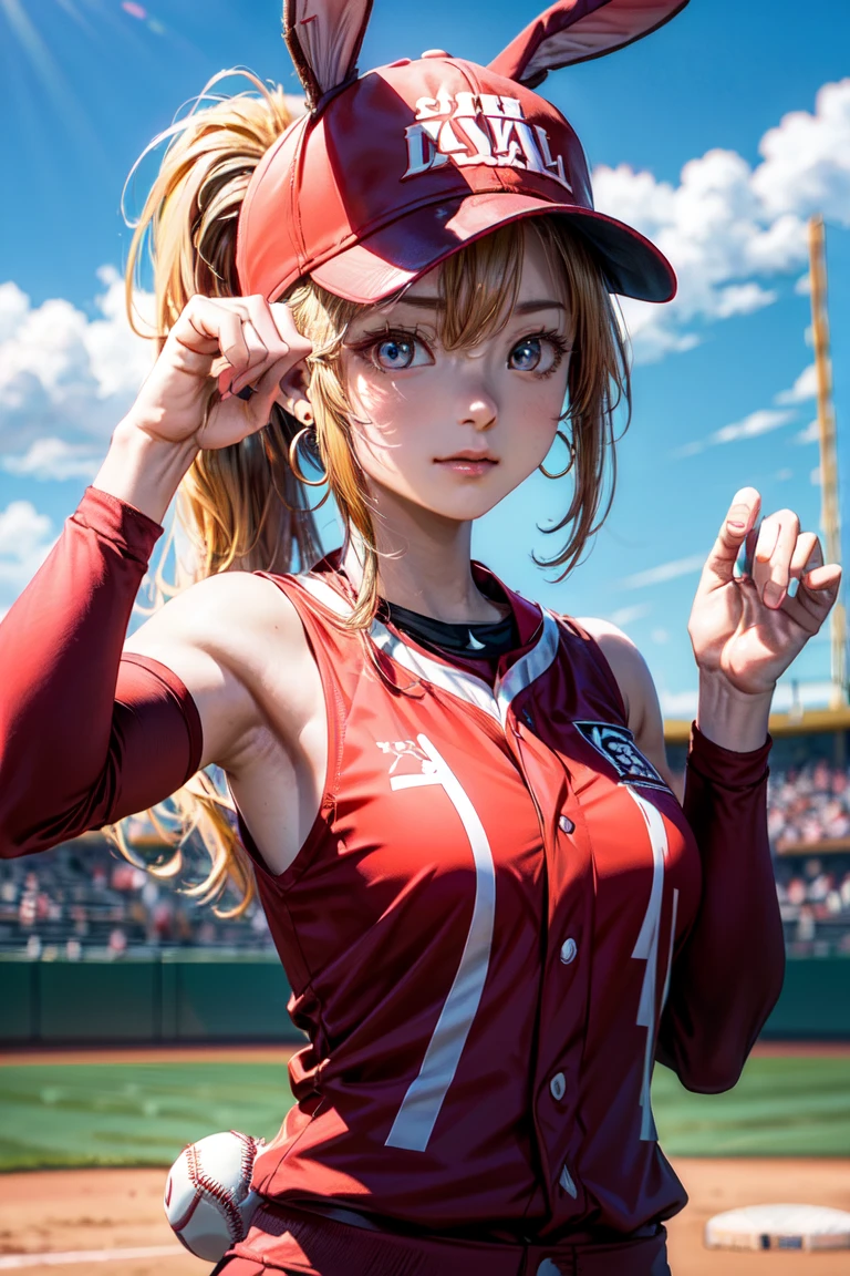  (rabbit pose:1.2),((At the baseball field with the cat)),((Cat ears)), ((Sleeveless)),((Wine Red Baseball Cap)),((Wearing a wine red baseball uniform))、((Red jacket))、 Blonde Hair, 短めponytail, (Blonde Hair, short,ponytail), Pale blue eyes,Closed Mouth、Hoop Earrings, Jewelry,(Best Quality, 8k, Oil painting, Mastepiece:1.2), Super detailed, (Realism, It&#39;s photorealistic:1.37), (((Bust Shot))