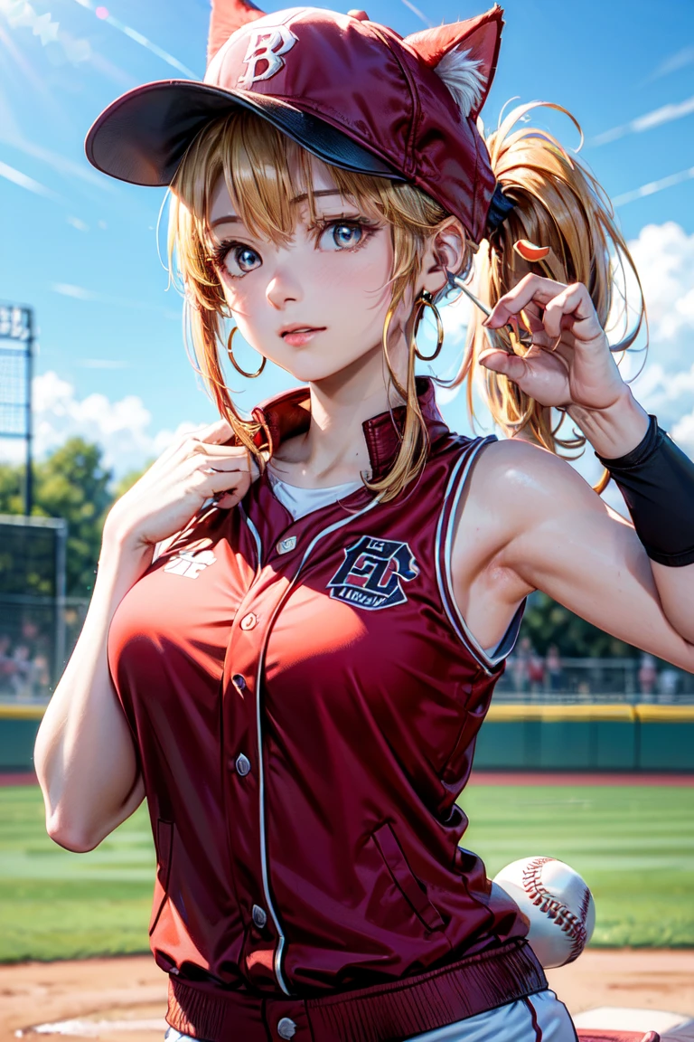  (rabbit pose:1.2),((At the baseball field with the cat)),((Cat ears)), ((Sleeveless)),((Wine Red Baseball Cap)),((Wearing a wine red baseball uniform))、((Red jacket))、 Blonde Hair, 短めponytail, (Blonde Hair, short,ponytail), Pale blue eyes,Closed Mouth、Hoop Earrings, Jewelry,(Best Quality, 8k, Oil painting, Mastepiece:1.2), Super detailed, (Realism, It&#39;s photorealistic:1.37), (((Bust Shot))