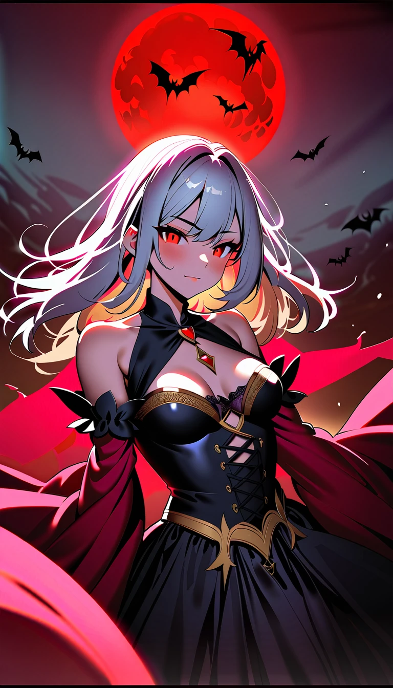 High quality, best quality, photo quality, Batgirl with long red eyes and white hair, dress, Red Moon Blonde Girl One, red eyes, ((vampire:1.0)),  shoulder, Red Moon, Midnight,