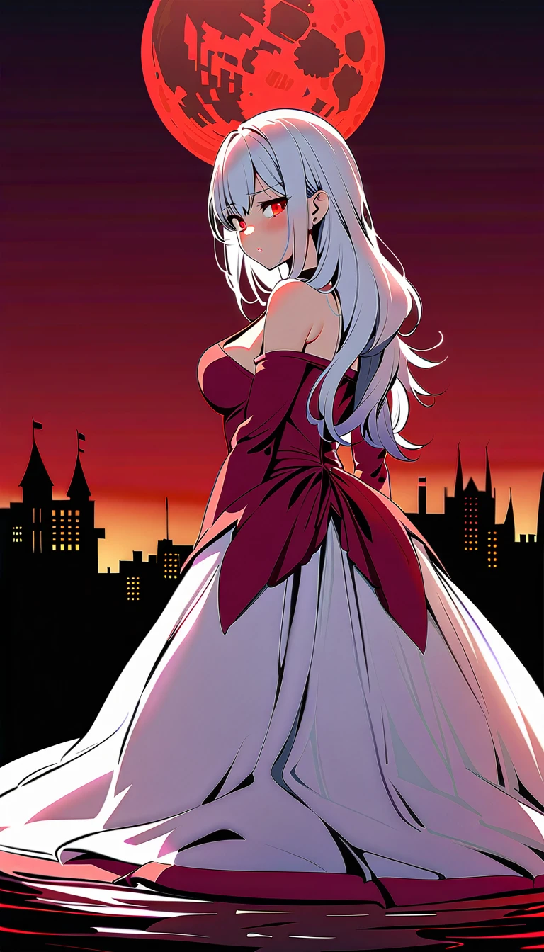 High quality, best quality, photo quality, Batgirl with long red eyes and white hair, dress, Red Moon Blonde Girl One, red eyes, ((vampire:1.0)), ?????????? shoulder, Red Moon, Midnight,