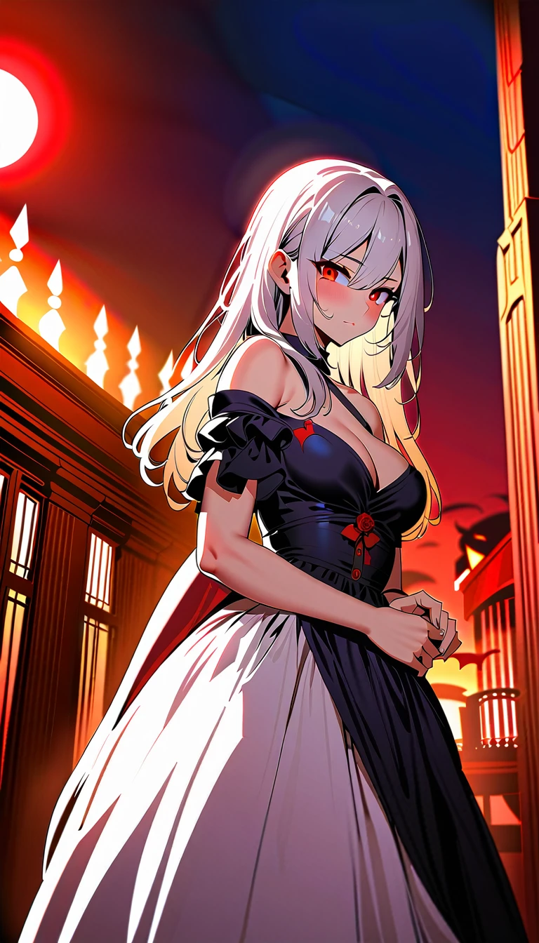 High quality, best quality, photo quality, Batgirl with long red eyes and white hair, dress, Red Moon Blonde Girl One, red eyes, ((vampire:1.0)), dress, off shoulder, Red Moon, Midnight,