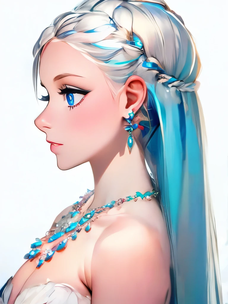opal diamond, 1girl, solo, jewelry, gem, long hair, earrings, profile, from side, hair ornament, upper body, feathers, blue eyes, necklace, crystal, white background