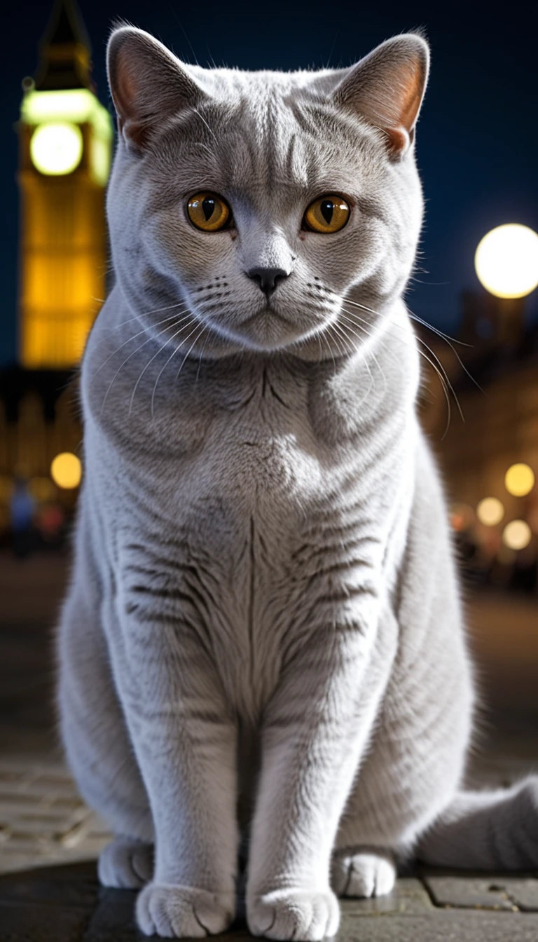 There is no one, realistic photo, photo realism, realism, British Shorthair (British Shorthair) cat, perfect composition, intricate details, Very sharp, masterpiece, profile, high resolution, looking at the viewer, full body photo in city night view