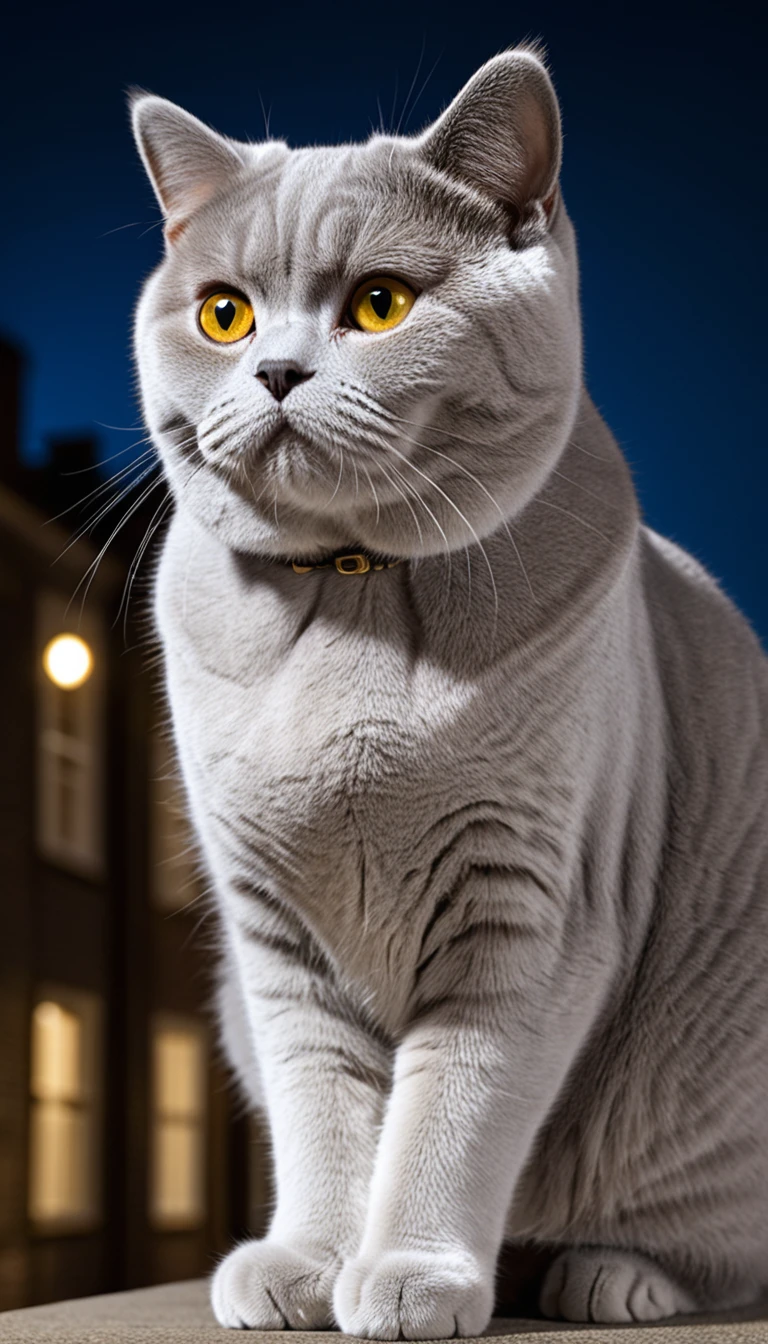 There is no one, realistic photo, photo realism, realism,  British Shorthair (British Shorthair) cat, perfect composition, intricate details, Very sharp, masterpiece, profile, high resolution, looking at the viewer, full body photo in city night view