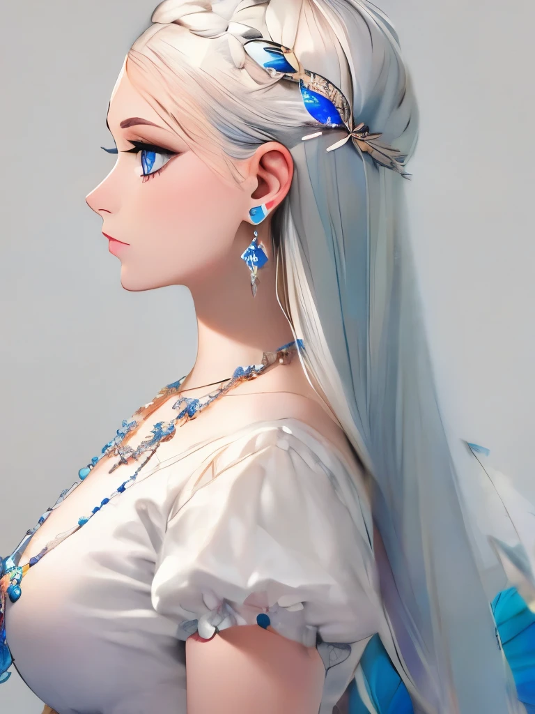 opal diamond, 1girl, solo, jewelry, gem, long hair, earrings, profile, from side, hair ornament, upper body, feathers, blue eyes, necklace, crystal, white background
