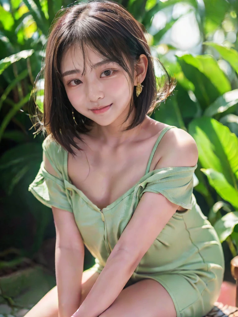 (masterpiece, highest quality:1.2), Hwa Eun Sun, 8K, young cute beautiful curvy filipina girl, tanned skinned, 85mm,Official AR RAW photo, 、show me your ears、photo shoot, cute face, thicc thighs, nipa hut, looking at the viewer, embarrassing、smile、no makeup, film grain, chromatic aberration, sharp focus, face light, clear lighting, Ten generations, detailed face, background bokeh、((((((18 year old cute girl)))))), clothes with short sleeves, seductive dress