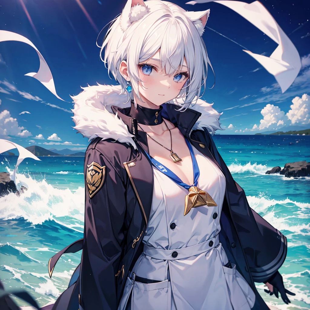 White Hair　blue eyes　short hair　Have　student　Cat ear　nice　Blue Earrings　necklace　gloves　beauty　thin　Sailor suit　Put on a black coat　Fantasy　smile　coastal　sunset　Fluffy hair