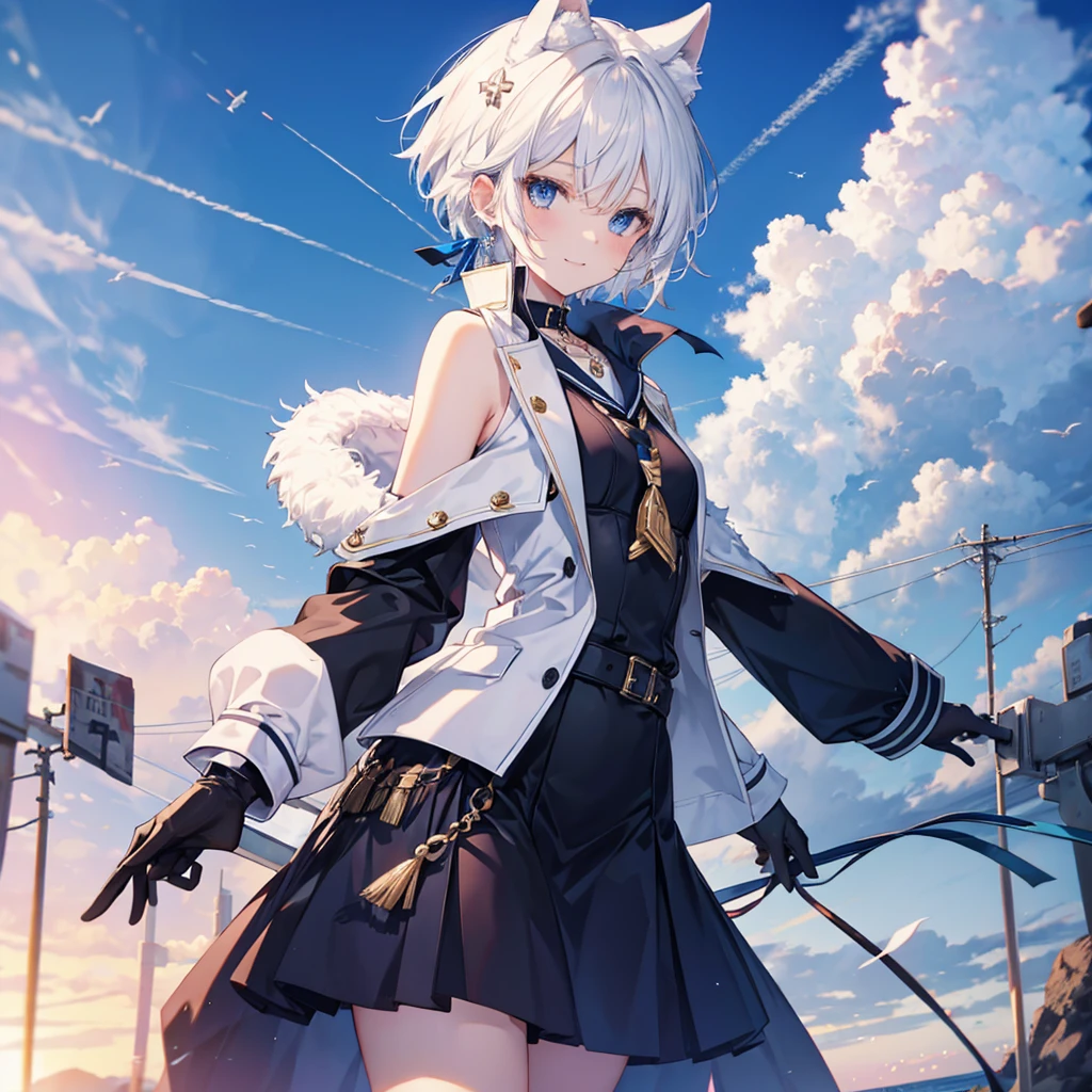 White Hair　blue eyes　short hair　Have　student　Cat ear　nice　Blue Earrings　necklace　gloves　beauty　thin　Sailor suit　Put on a black coat　Fantasy　smile　coastal　sunset　Fluffy hair