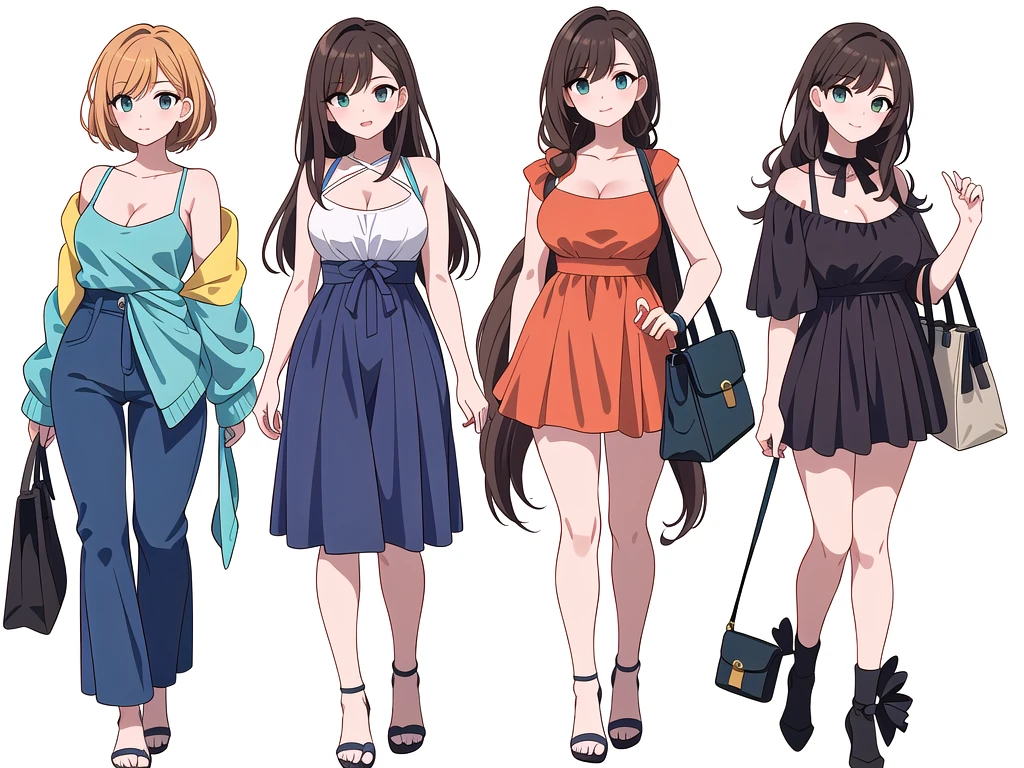 (((Best Quality))) , ((full body)), 4 lady, adult woman, multiple views, (((white background,))) variety of hairstyles, variety of fashion styles, seductive pose, fashionable and trendy atmosphere, holding bag, summer outfits, walk pose, dark blue/dark orange/dark green/dark violet/brown/white, short shorts, cleavage,
