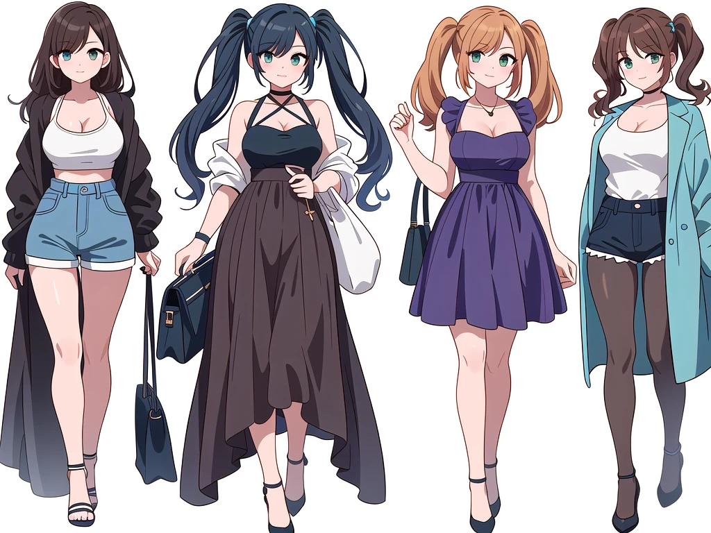 (((Best Quality))) , ((full body)), 4 lady, adult woman, multiple views, (((white background,))) variety of hairstyles, variety of fashion styles, seductive pose, fashionable and trendy atmosphere, holding bag, summer outfits, walk pose, dark blue/dark orange/dark green/dark violet/brown/white, short shorts, cleavage,