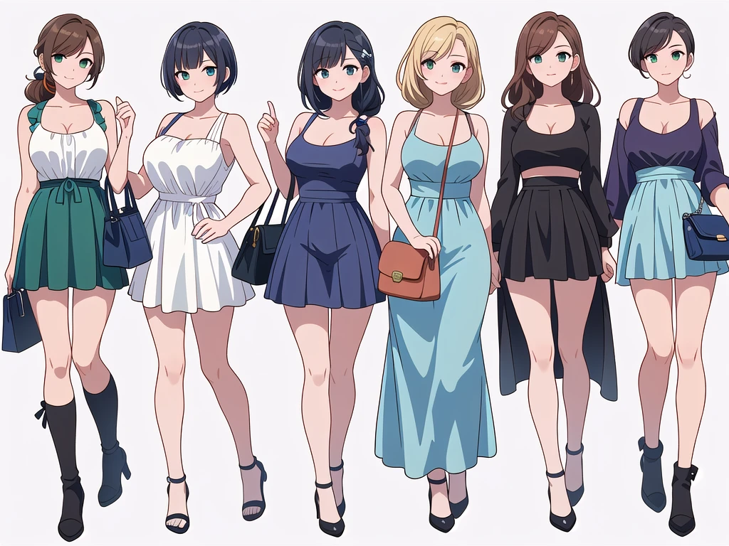 (((Best Quality))) , ((full body)), 4 lady, adult woman, multiple views, (((white background,))) variety of hairstyles, variety of fashion styles, seductive pose, fashionable and trendy atmosphere, holding bag, summer outfits, walk pose, dark blue/dark orange/dark green/dark violet/brown/white, short shorts, cleavage,