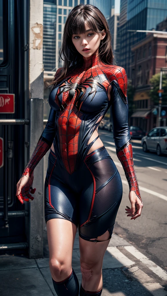 nsfw:1.1((Cowboy Shot))、Mature Woman、(masterpiece, Highest quality), Intricate details, 8K, 1 Girl, Long Hair, Bowl Cut Hair,((blunt bangs))、 Black Hair,((Spiderman Suit)),Skyscraper, city, building,street,((Delicate painting)),(Detailed RAW photos of girls), (Pieces fly:1.25), (Highest quality:1.6), (Ultra-high resolution:1.5), (Photorealistic:1.75), 8K resolution, Canon EOS R5, 50mm, Confused, Very detailed,Cinema Lighting、(((Super big breasts)))、Leg spread、(I can see your abs)、((Separate suits))、Spider knee-high socks、Sexy pose、spiderman bikini、(((Ripped and tattered suit:1.1)))