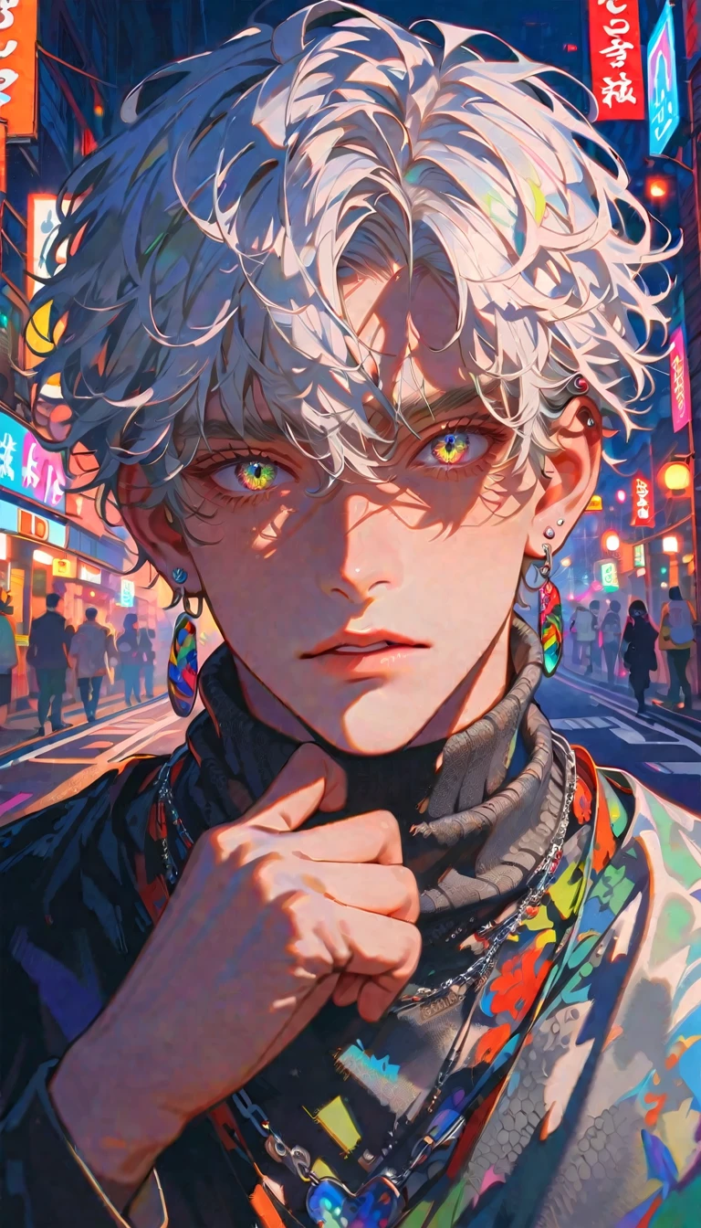 style9,1 boy, sparkting eyes, red lip, short hair, silver hair, colorful, soft light, street, tokyo Japan, night, Street lights, background is a busy neighborhood of Tokyo, handsome, silver earring, green high neck sweater, necklaces, accessories, he covered half of his face with his hand