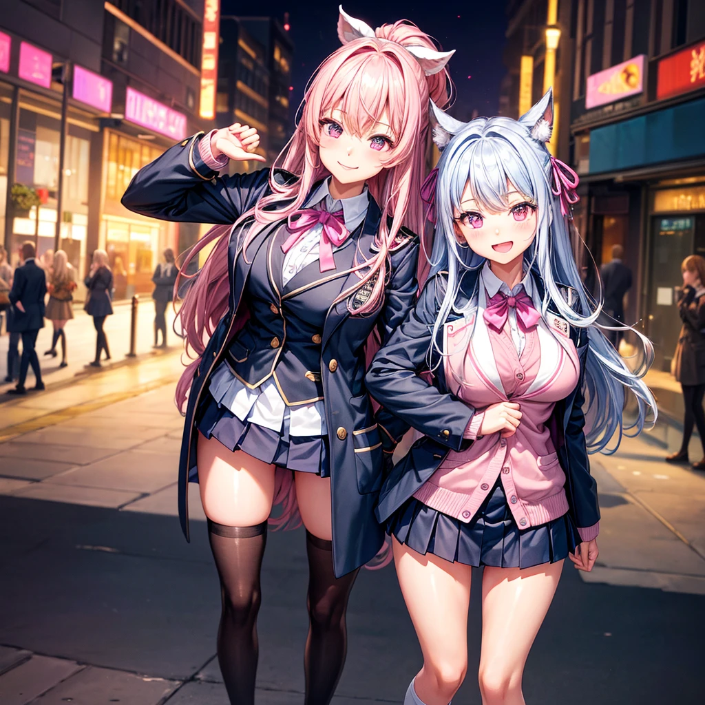 best quality,8K,smile,blazer,ribbon on uniform,mini skirt,high school girl,multiple girls are depicted,harem,idol group,photo shoot,long hair,wearing a cardigan,highest quality,big breasts,happy girl,horny girl,pink eyes,perfect face,standing position,I have my hands in my pockets,letting down one's Bangs,beautiful eyes,gym,girls hugging each other,smooth hair,multicolored hair colors,naughty girl,beautiful girl,beautiful girl,loose socks,Beautiful shining cute girl,Shining Beautiful Girl,Universe No. 1,国