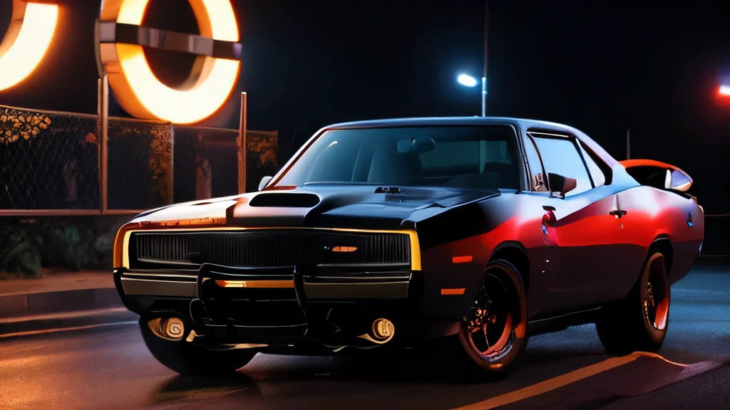 Car Dodge Charger SRT-8 black colour. are in the city in 1988. With 4k high quality. In the evening. With neon lights 