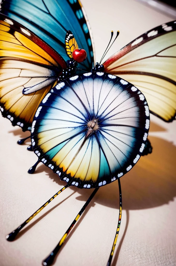 ((best qualityer)), ((work of art)), (detailded), two butterflies, one blue and one yellow perched on a red apple