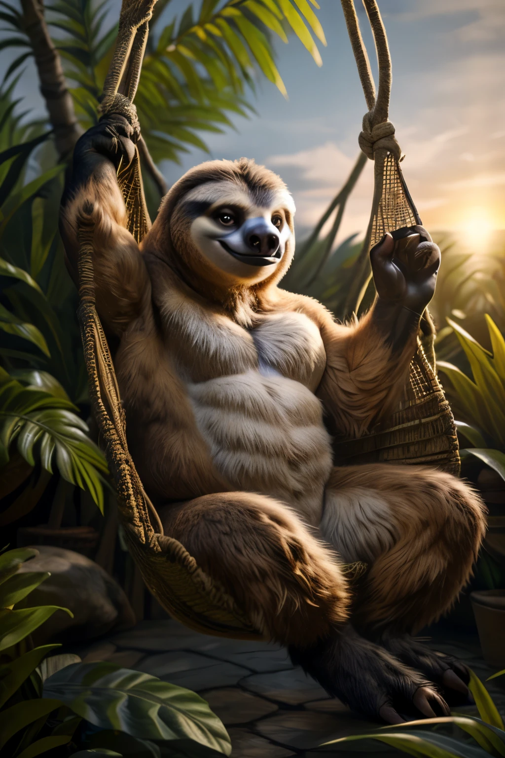 3D render, female, solo, sloth, full body, voluptuous, furry, Pelada, playful face, expressive eyes, realistic, masterpiece, highest quality, soft focus, depth of field, unreal engine, trending on ArtStation, Intricate, High Detail, whimsical, realism, luminous, sitting, lounging, jungle, hammock, looking_at_viewer, detailed eyes, detailed body, detailed face, warm ambient light, sunset, vibrant, anthro (sloth), female, muscular, sensual, adult.

(by Peladart, by JungleWhispers, by Sl