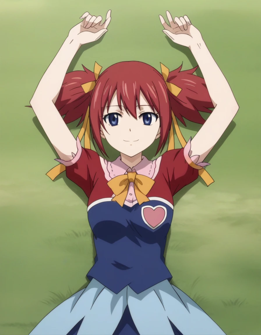 chelia_blendy, source_anime, rating_safe, intricate details, anime screencap, anime coloring, 1girl, solo,  red hair, blue eyes, ribbon, hair ribbon, twintails, short twintails, looking at viewer, high quality, solo, lying, on back, arms up, spread arms, closed mouth, on grass, center, (cowboy shot:1.5), looking at viewer, suggestive smile, best quality