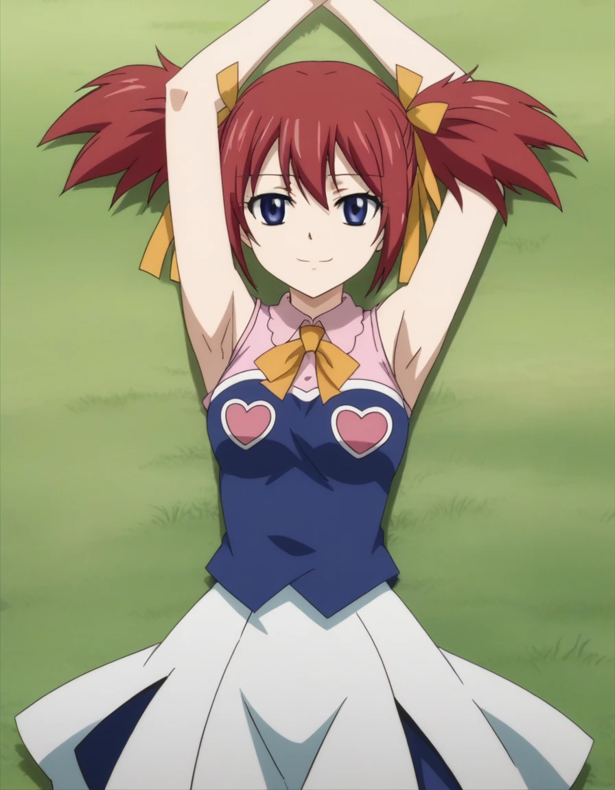 chelia_blendy, source_anime, rating_safe, intricate details, anime screencap, anime coloring, 1girl, solo,  red hair, blue eyes, ribbon, hair ribbon, twintails, short twintails, looking at viewer, high quality, solo, lying, on back, arms up, spread arms, closed mouth, on grass, center, (cowboy shot:1.5), looking at viewer, suggestive smile, best quality