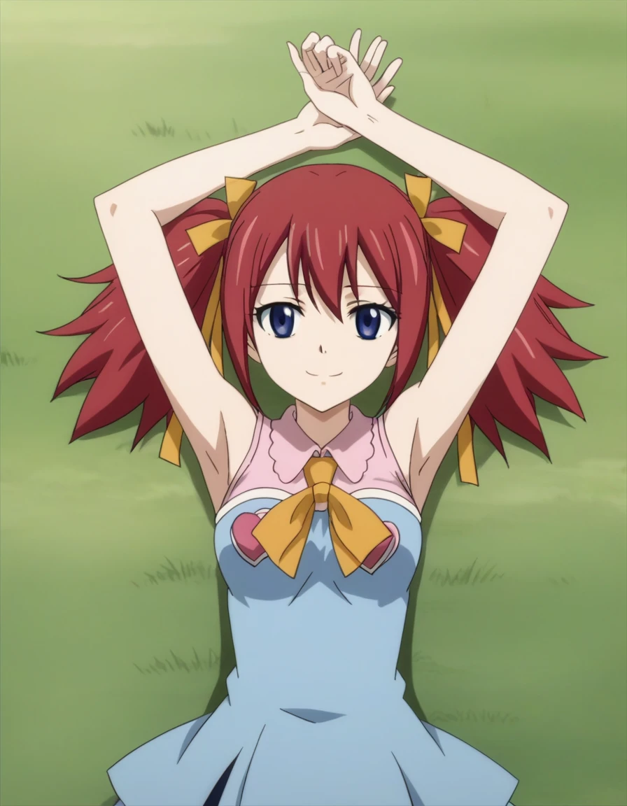 chelia_blendy, source_anime, rating_safe, intricate details, anime screencap, anime coloring, 1girl, solo,  red hair, blue eyes, ribbon, hair ribbon, twintails, short twintails, looking at viewer, high quality, solo, lying, on back, arms up, spread arms, closed mouth, on grass, center, (cowboy shot:1.5), looking at viewer, suggestive smile, best quality