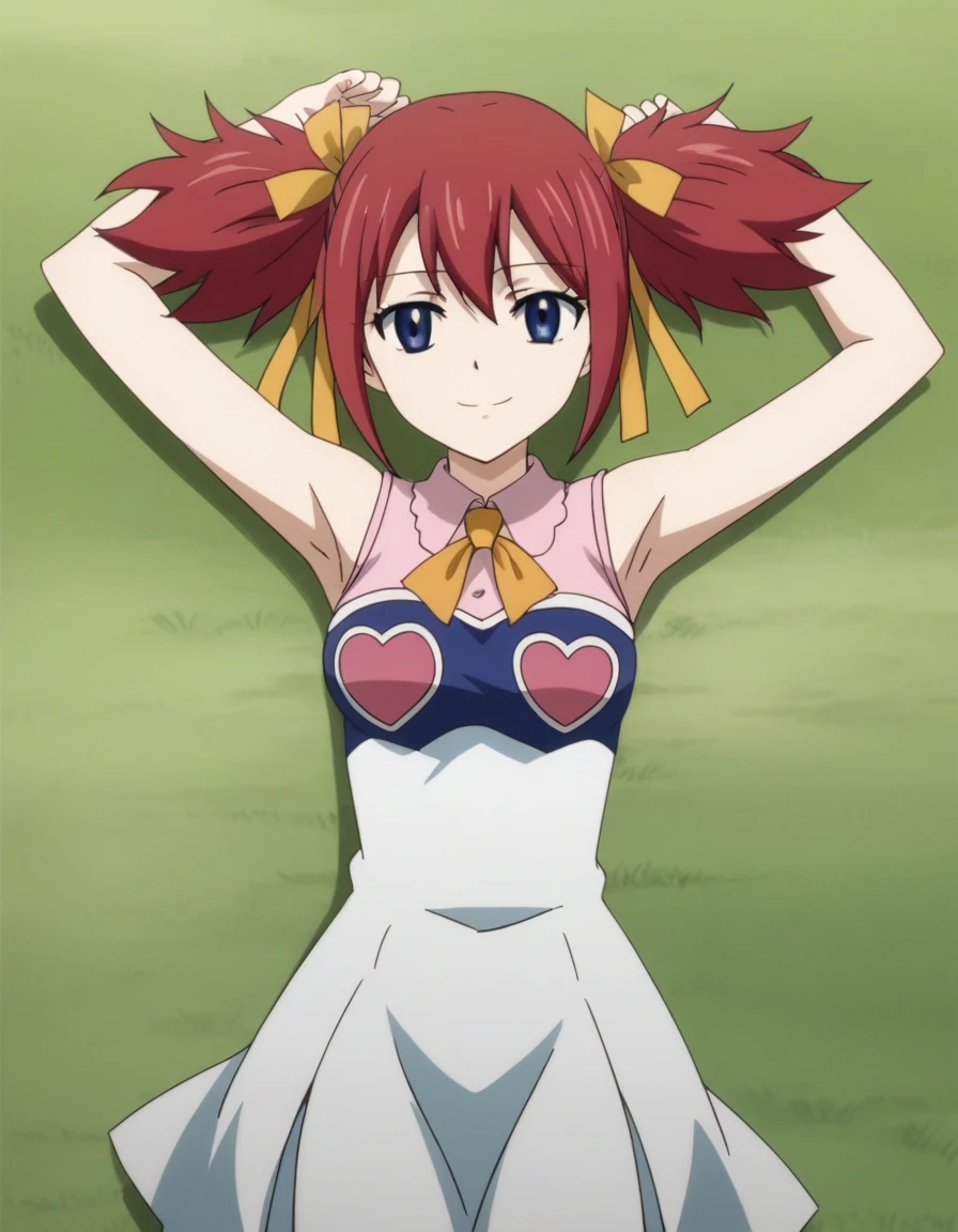 chelia_blendy, source_anime, rating_safe, intricate details, anime screencap, anime coloring, 1girl, solo, red hair, blue eyes, ribbon, hair ribbon, twintails, short twintails, looking at viewer, high quality, solo, lying, on back, arms up, spread arms, closed mouth, on grass, center, (cowboy shot:1.5), looking at viewer, suggestive smile, best quality