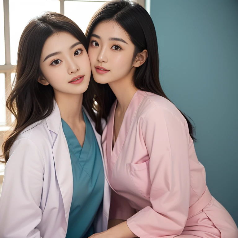 (heart hands duo), 2girls, Beautiful Japanese female doctor wearing white labcoat over teal scrubs with cute Japanese female nurse wearing pink nurse dress , beautiful detailed face, pale skin, realistic skin, detailed cloth texture, detailed hair texture, Perfect proportion, Beautiful Face, accurate, Anatomically correct, Highly detailed face and skin texture , looking at viewer