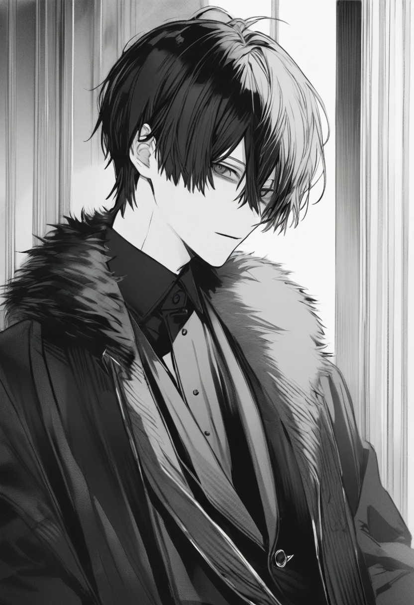 yuto-sano, 1boy, Kaneki, black hair, black suit, black long sleeves, fur coat, elegant, monochrome, solo, greyscale, male focus, looking at viewer