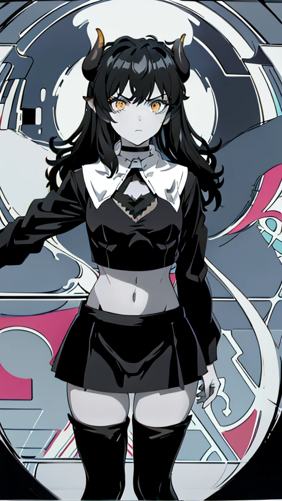 ((1girl,solo,mature female,tall)),big breasts,long hair, black hair,angry expression,horns,elf ears,black scarf,cleavage,(((dark skin))),((black sports bra, midriff)),(((black pantyhoses))),(walking,night),from above,water,grass,rain,lake,((reflection))