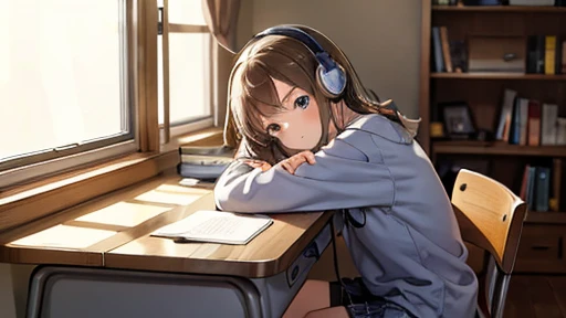 A middle school girl is sitting at a desk late at night. She is wearing headphones, listening to music while studying, but she looks a bit sleepy. The desk is cluttered with textbooks, notebooks, and scattered pens. The background shows a dimly lit room, with a warm desk lamp illuminating her face and the desk. Outside the window, the quiet of the night can be felt. The girl is dressed in casual pajamas and is leaning slightly forward in her chair.