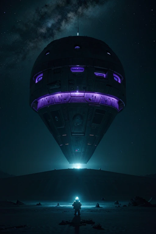 Astronauts exploring an ancient alien ship on an unknown planet with alien hieroglyphs of an ancient alien civilization on an unknown planet cyan and purple tones