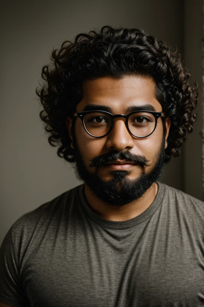 image of a muppet with the appearance of a young Mexican man with a beard, no mustaches, acetate lenses, dark skin and curly hair. realistic photography, portrait.