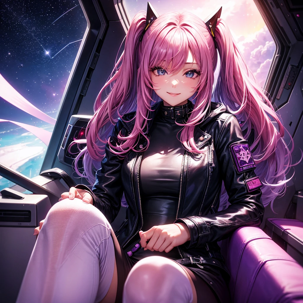 A young sexy woman with long purple hair and sexy clothes sits in a spaceship seat、A beautiful starry sky can be seen from the window.。smile,leather jacket,Future Fashion,Angel Girl,Pink Hair,Horny girl,High-dimensional beautiful girl,Multidimensional beautiful girl,colorful hair colors