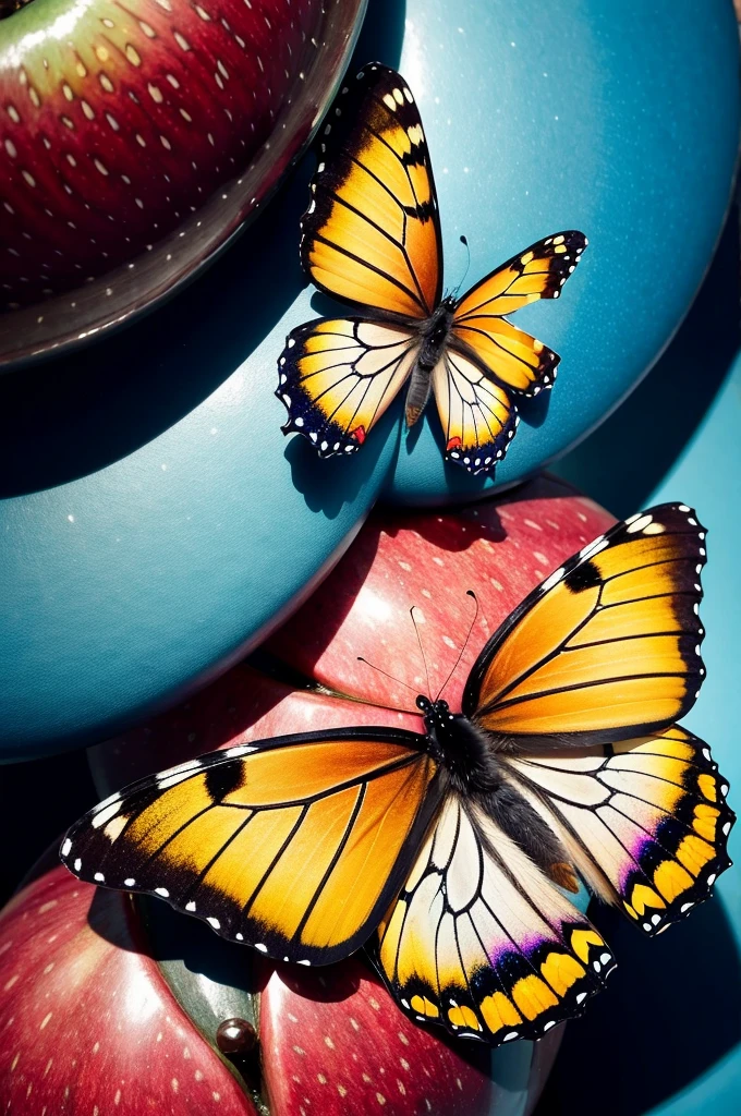 ((best qualityer)), ((work of art)), (detailded), two butterflies, one blue and one yellow perched on a red apple