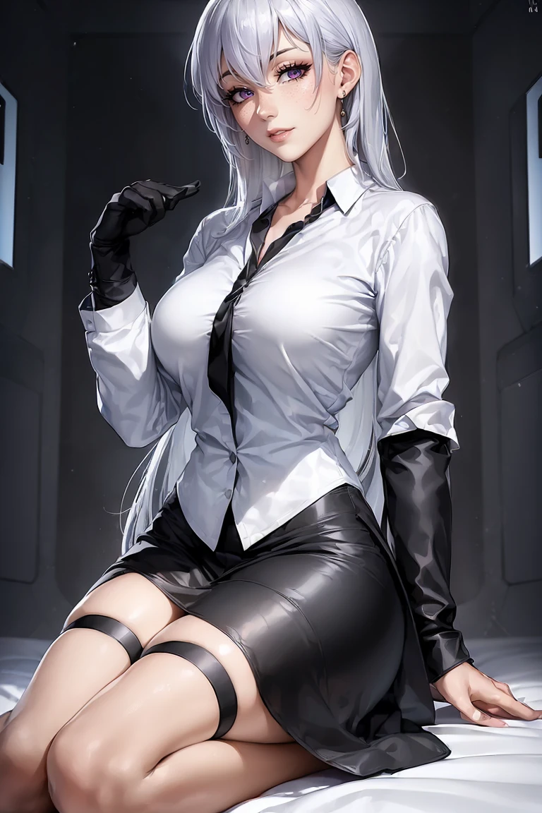 (1 girl:1.5),(Best Quality,4k,8k,A high resolution,Masterpiece:1.2),ultra-detailed,(actual,photoactual,Current photo:1.37),black suit jacket,long silver hair,girl with red lip,girl with suit jacket,girl in elegant clothes,red lip,Perfect lipstick application.,(Beautiful eyes:1.4),(White shirt:1.5),silver hair,a black eye,light smile,happy expression,very detailed skin,awesome face,long eyelashes,black eyeliner,a work of art,(black tape:1.2),White shirt,Dangle Earrings,(normal suit:1.2),Full body lesbian