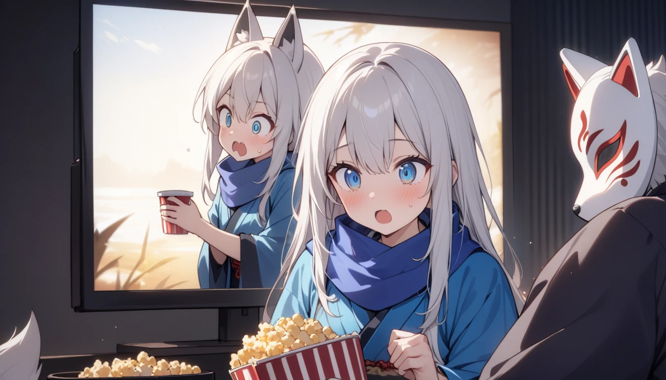 Movie viewing、View PC、Surprised、Looking at the screen with his mouth wide open, watching a movie while eating popcorn、Watch videos、(masterpiece, best quality:1.2), 1girl, 独奏,Wolf girl, fox mask, ninja, girl, long white hair, odd eyes, blue kimono, ninja girl, red and blue scarf,, light coming in, fantastic atmosphere.night、Shadows of light and darkness、Eyes glowing in the dark、Black fox mask、、long hair that spreads、Glued to the screen