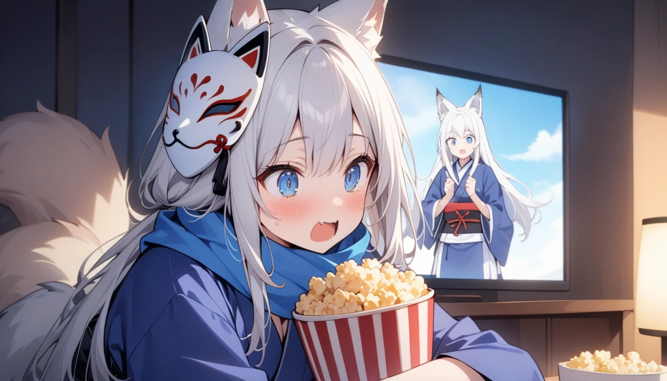 Movie viewing、View PC、Surprised、Looking at the screen with his mouth wide open, watching a movie while eating popcorn、Watch videos、(masterpiece, best quality:1.2), 1girl, 独奏,Wolf girl, fox mask, ninja, girl, long white hair, odd eyes, blue kimono, ninja girl, red and blue scarf,, light coming in, fantastic atmosphere.night、Shadows of light and darkness、Eyes glowing in the dark、Black fox mask、、long hair that spreads、Glued to the screen