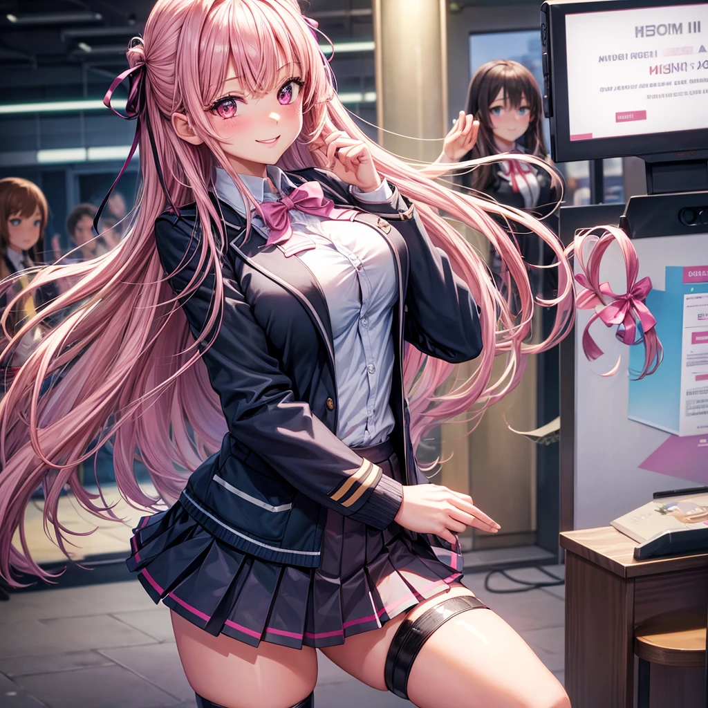 High School Girl, Dark blue blazer, Shocking pink super mini skirt, Pink tie, knee high socks, Pink hair, School Classroom, Looking at the viewer, Front view