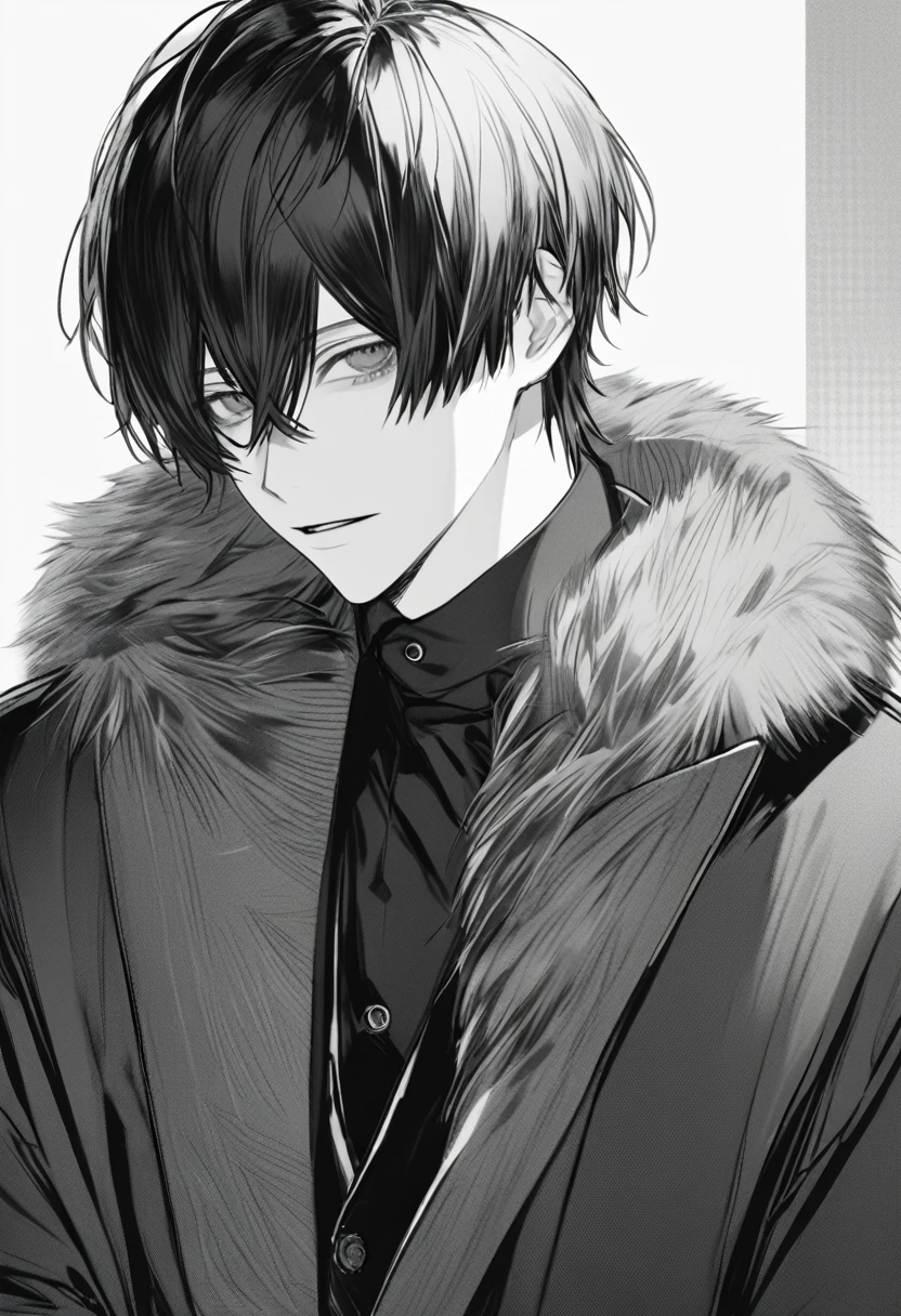 yuto-sano, 1boy, Kaneki, black hair, black suit, black long sleeves, fur coat, elegant, monochrome, solo, greyscale, male focus, looking at viewer
