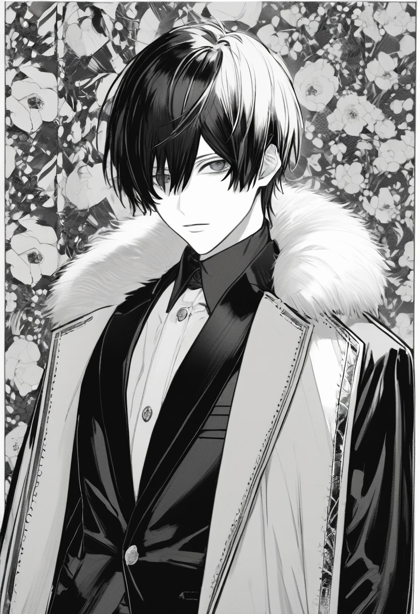 yuto-sano, 1boy, Kaneki, black hair, black suit, black long sleeves, fur coat, elegant, monochrome, solo, greyscale, male focus, looking at viewer
